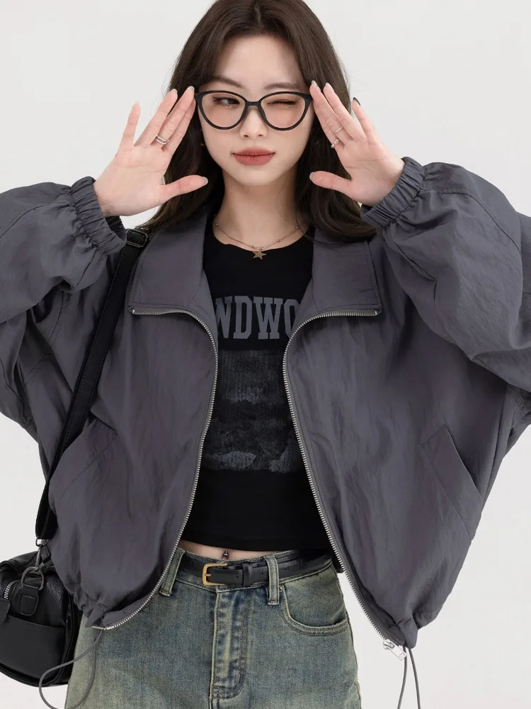 Deeptown Korean Y2K Dark Grey Jackets Women Gorpcore Windbreaker Crop Jacket Female Harajuku Korean Oversize Zip Up Outdoor Tops