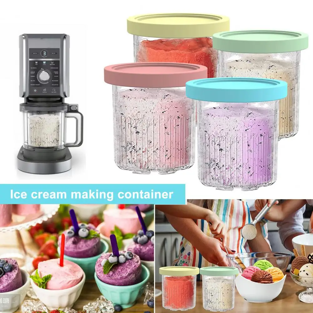 Ice Cream Containers 4 Pack, 2024 Leakproof Freezer Pints with Lids for Ninja Creami NC501 NC500 Series, BPA-Free Plastic Pint Containers, Multicolor