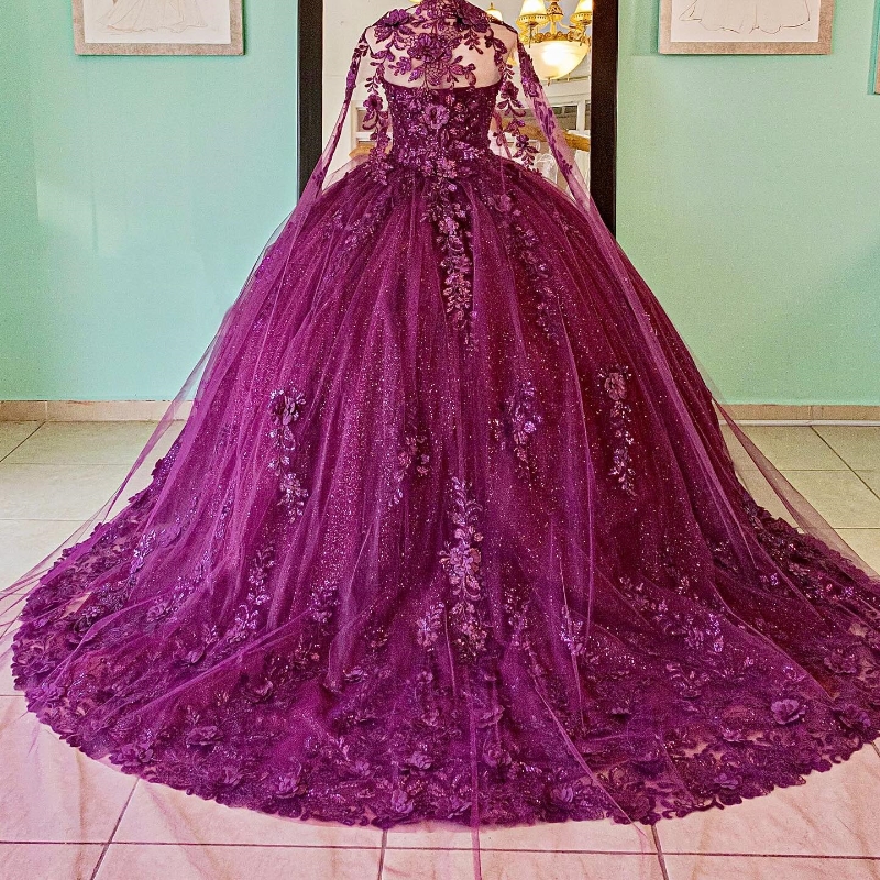 Purple Shiny Ball Gown Quinceanera Dresses Off The Shoulder Appliques Lace Flowers Beads With Cape Vestido De 15 Anos Sweet 16