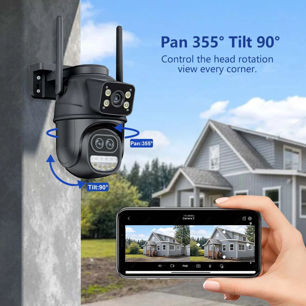12MP 6K WiFi IP Camera Outdoor 8X Zoom Three Lens Dual Screen Home Security Camera Auto Tracking Mini CCTV WiFi Surveillance