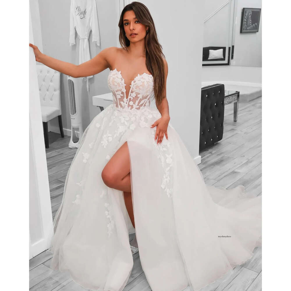 Tulle A Line Wedding Dresses Appliques Strapless Sweetheart Beach Bridal Gowns Side Split Sexy Bride Dress Vestidos De Novia 0521