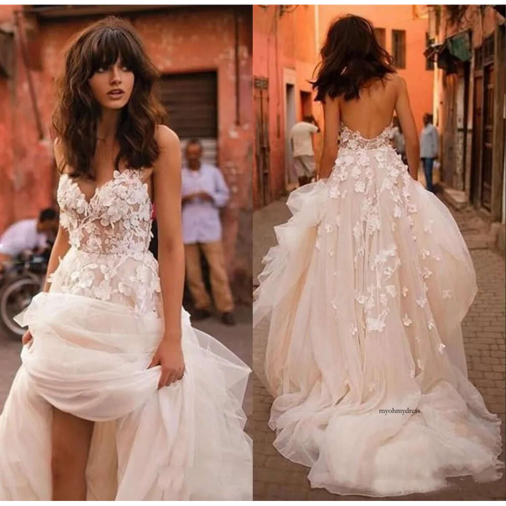 Spaghetti Strapless Plus Size Garden Country Toddler Bridal Gowns Liz Martinez Beach Wedding Dresses 3D Floral Appli 0521
