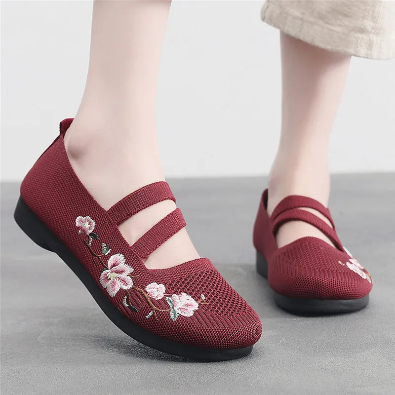 lilac summer flats mom new strapped shoes women's spring embroidered flower 2025 loafers ladies mary jane flat shoes ethnic ballet flats