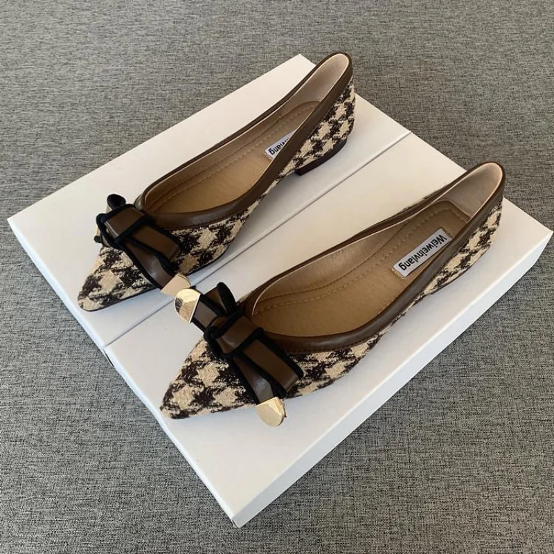 Pointed Flat Women's Shoes 2023 New Houndstooth Bow 2025 Ladies Shoes Comfortable and new Versatile Soft Bottom Four Seasons Work Shoes