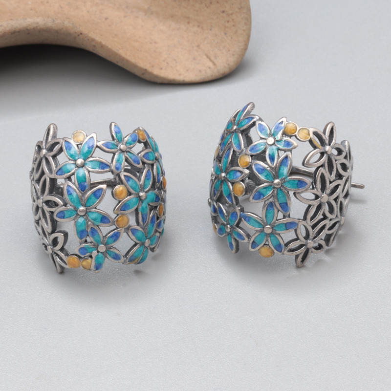 Vintage 925 Sterling Silver Enamel Earrings for Women Girls Ethnic Hollow Flower Cluster Hanging Earrings Original Jewelry EH184