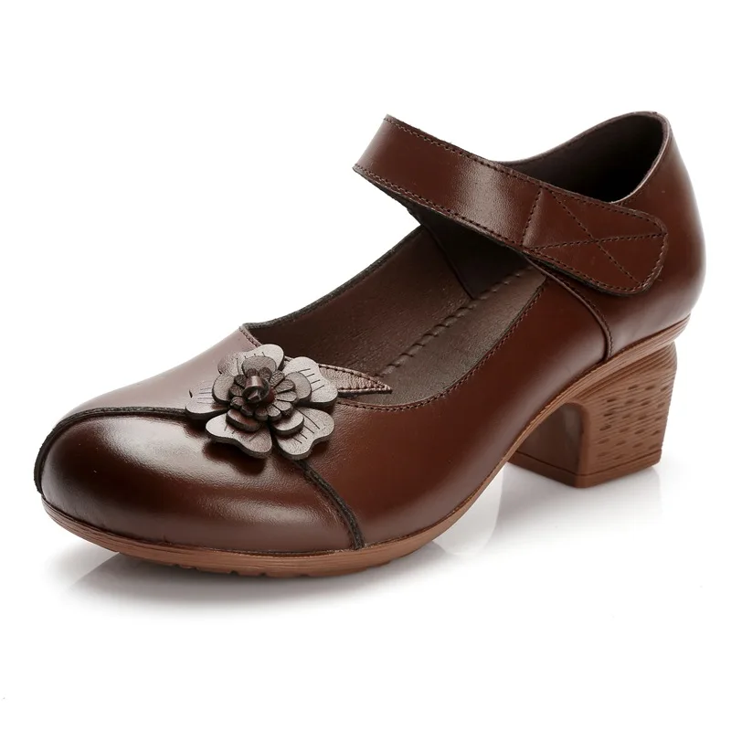 Concise Flower Pumps Women's Vintage Heels Ladies Genuine Leather Shoes Mary Jane Pumps Woman Coarse Heel Shoes Pumps Sandals
