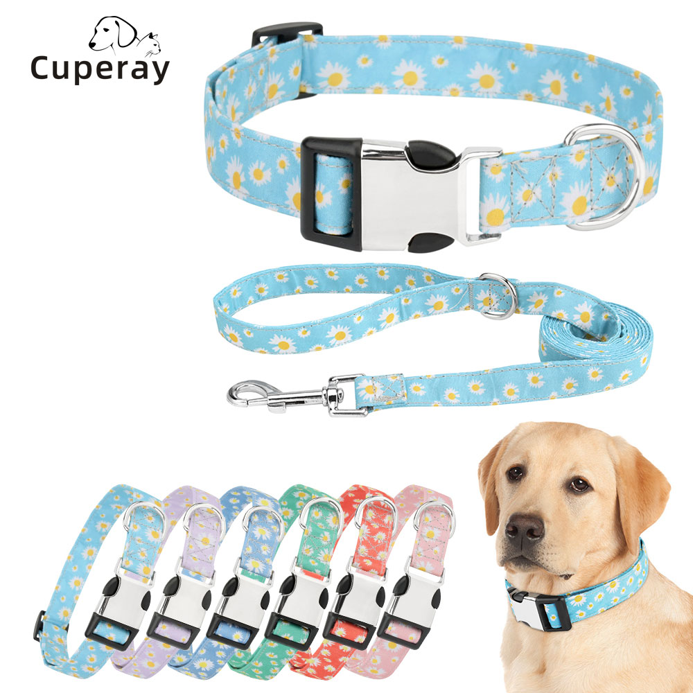 Girl Dog Collar and Leash Sets,cute Dog Collar with Metal Buckle ,flower Pattern for Small Medium Large Dogs Cat Outdoor Walking