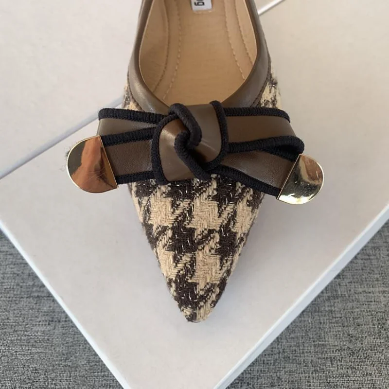 Pointed Flat Women's Shoes 2023 New Houndstooth Bow 2025 Ladies Shoes Comfortable and new Versatile Soft Bottom Four Seasons Work Shoes