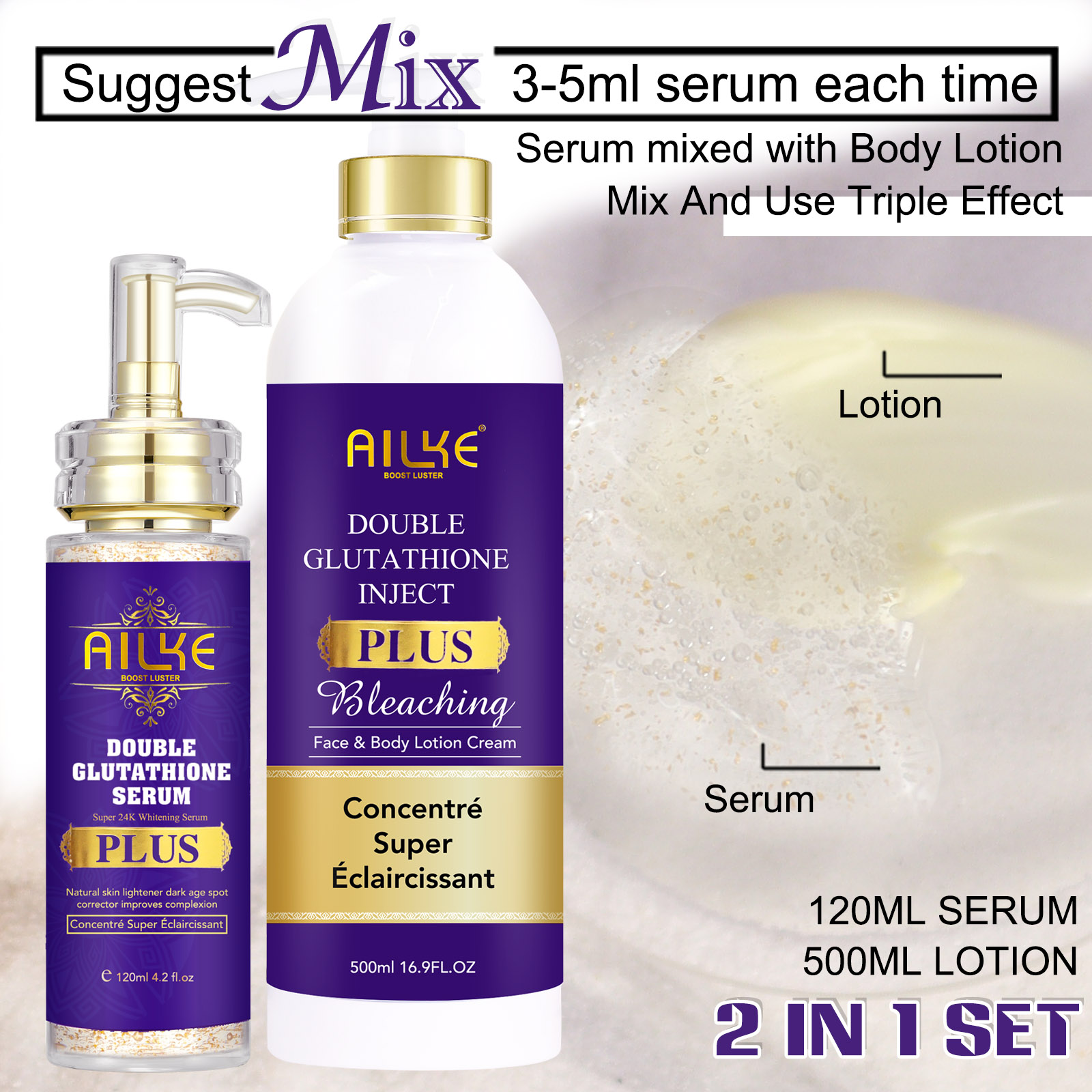 AILKE Glutathione Bleach Range, Whiten, Moisturizing, Hydration, Clean Stains, Even Skin tone, Improve Dull Skin Tone