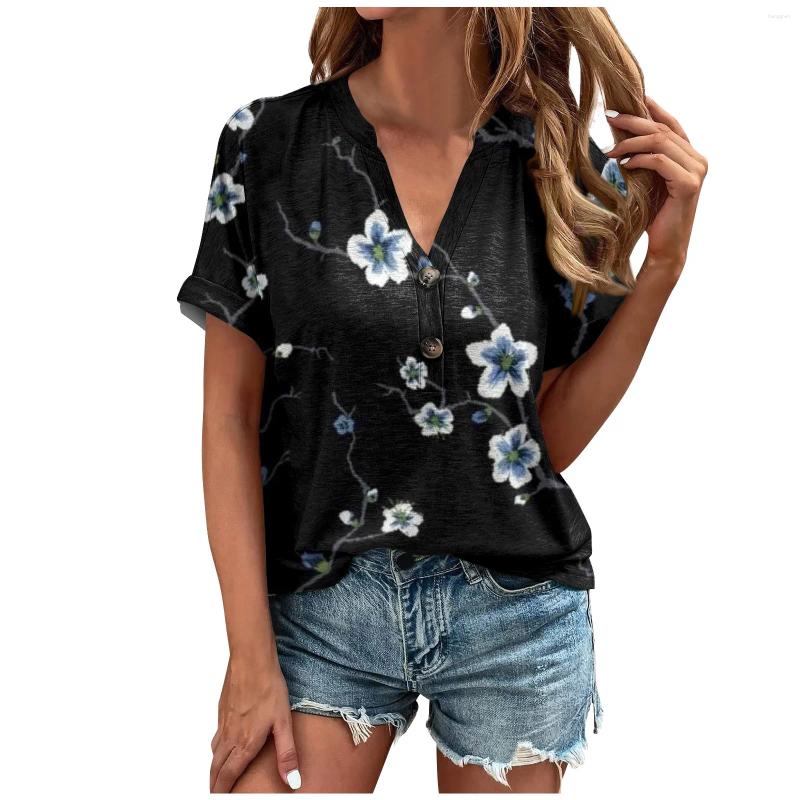 Womens T Shirts Summer Clothes For Shirt Blouse Button Vintage Print Short Sleeve Casual Basic Top Pullover Korean Style Cloth