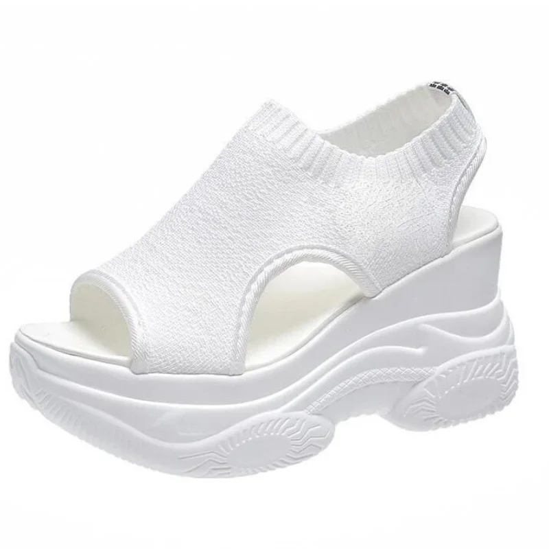 2024 Summer New Knitted Fish-mouth Shoes Fairy Wind Cake Sole High Heel Flying Weave Slope Heel Thick Sole Sports Women's Sandal