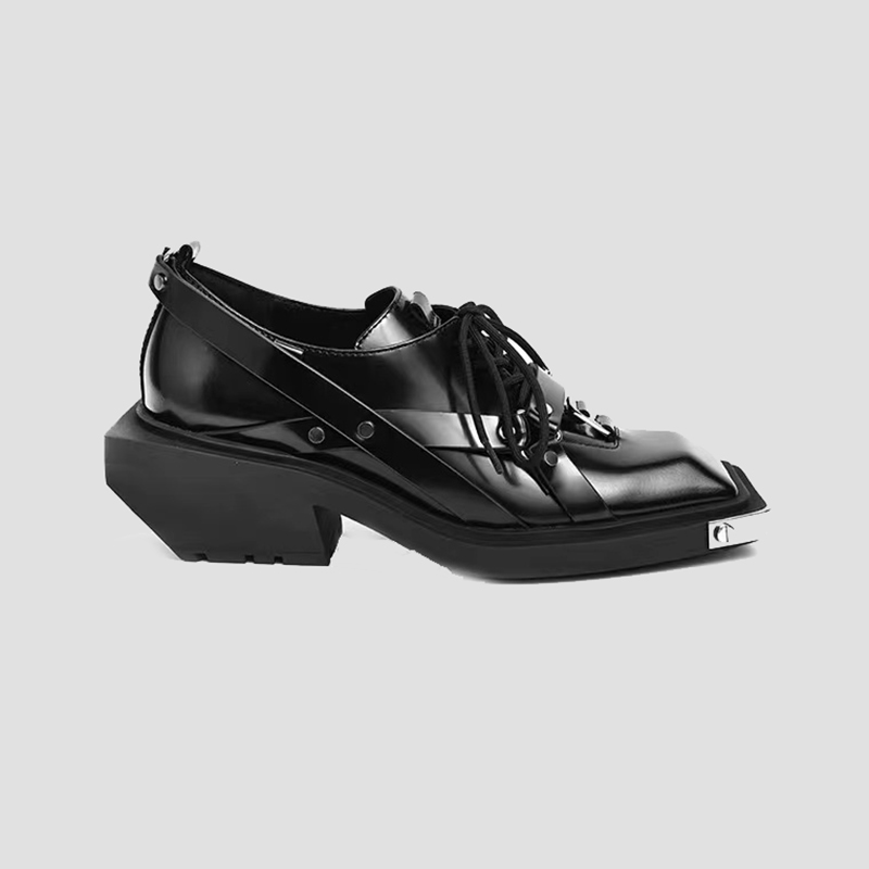 New decorate Spring 5b9ce metal Leather Loafers Women Retro Bite Thick-soled Non-slip square head wedge New men Shoes