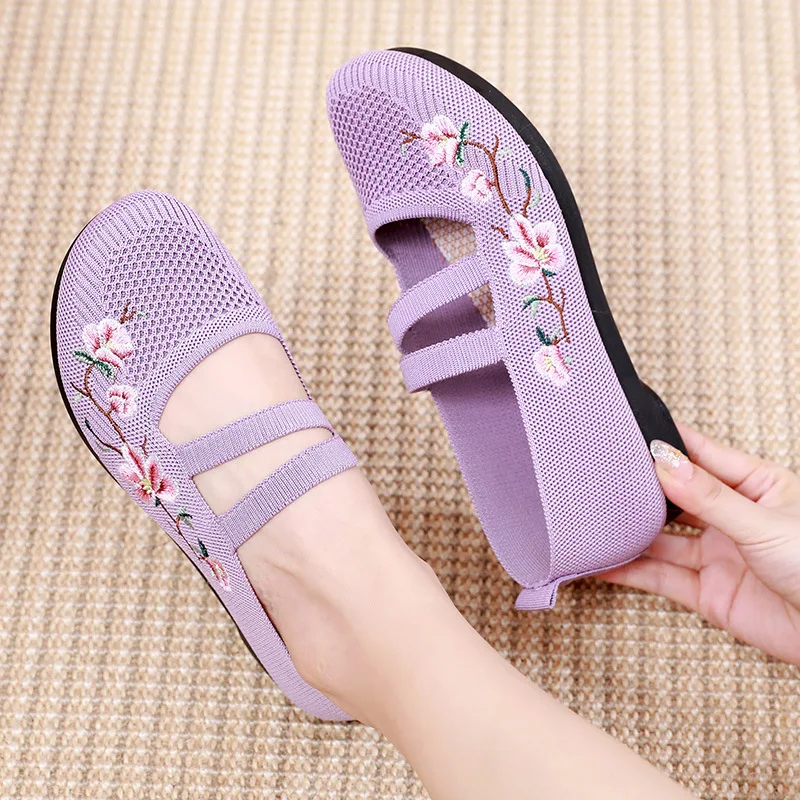 Purple Flats Shoes Women Loafers Knitted Mary Janes Sandal Shoes Grandma Cozy Flats Woman Summer Sneaker Breathable new 2025 Dancing Shoe