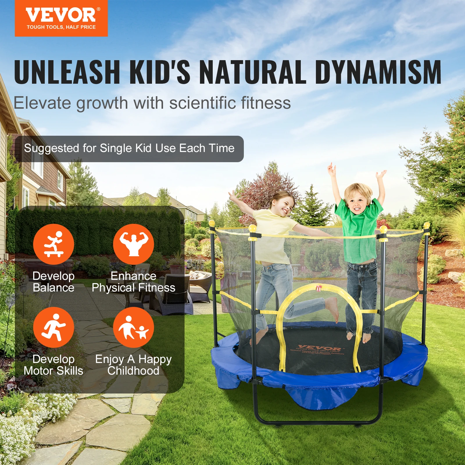 5FT for Trampoline VEVOR Kids 60" Indoor Outdoor Trampoline with Safety Enclosure Net Entertainment Support 60" smile 60" 60"