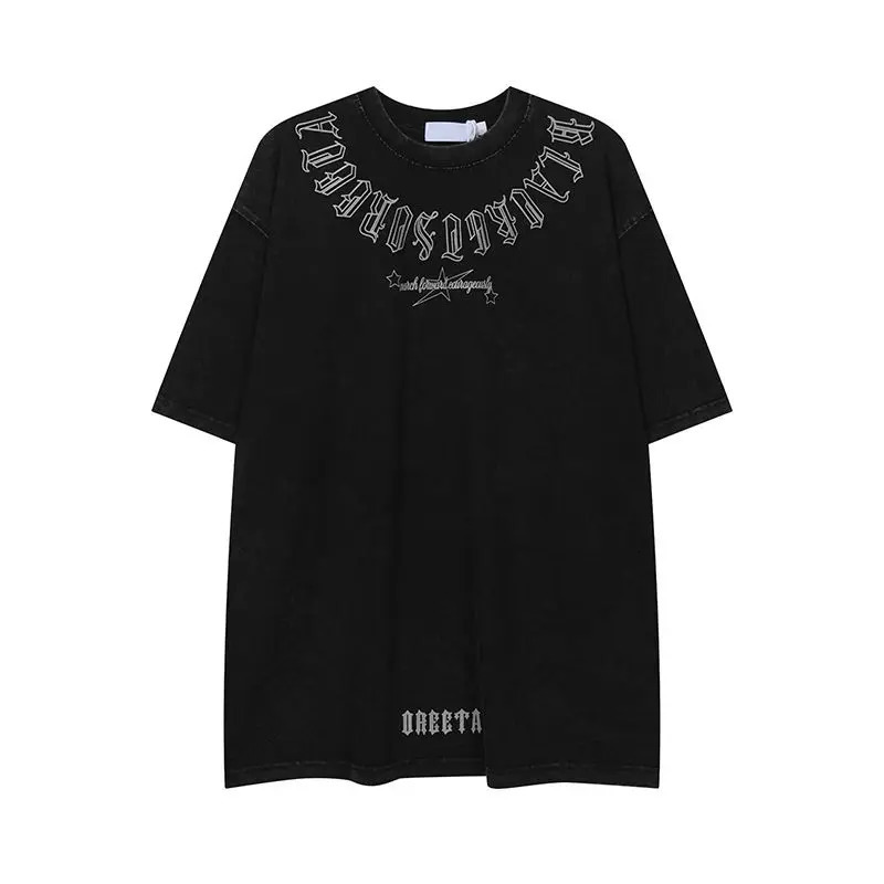 Y2k Top Vintage Letter T-shirt Vintage Wash Short Sleeve Mens Hip Hop Loose Half Sleeve Street Clothing 240430