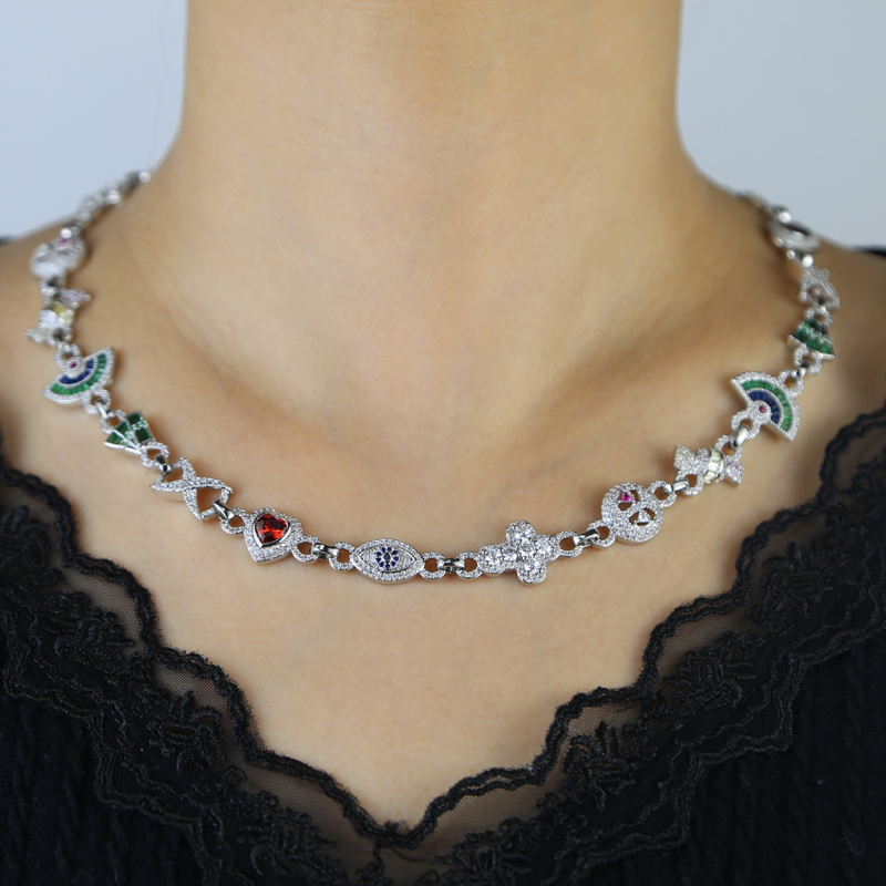 Iced Out Cubic Zirconia Paved Cuban Link Chain Colorful Bling Cz Heart Cross Evil Eye Charm Necklace Hip Hop Jewelry