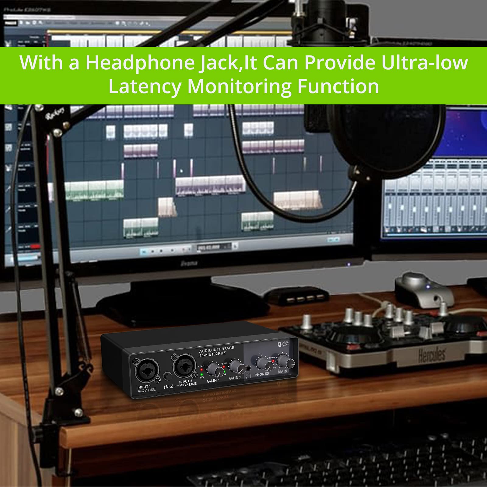 Q-22 Q-12 Q-24 Audio Interface Sound Card with Monitor Sound Mixer Electric Guitar Studio Recording Microphone 48V Phantom Power