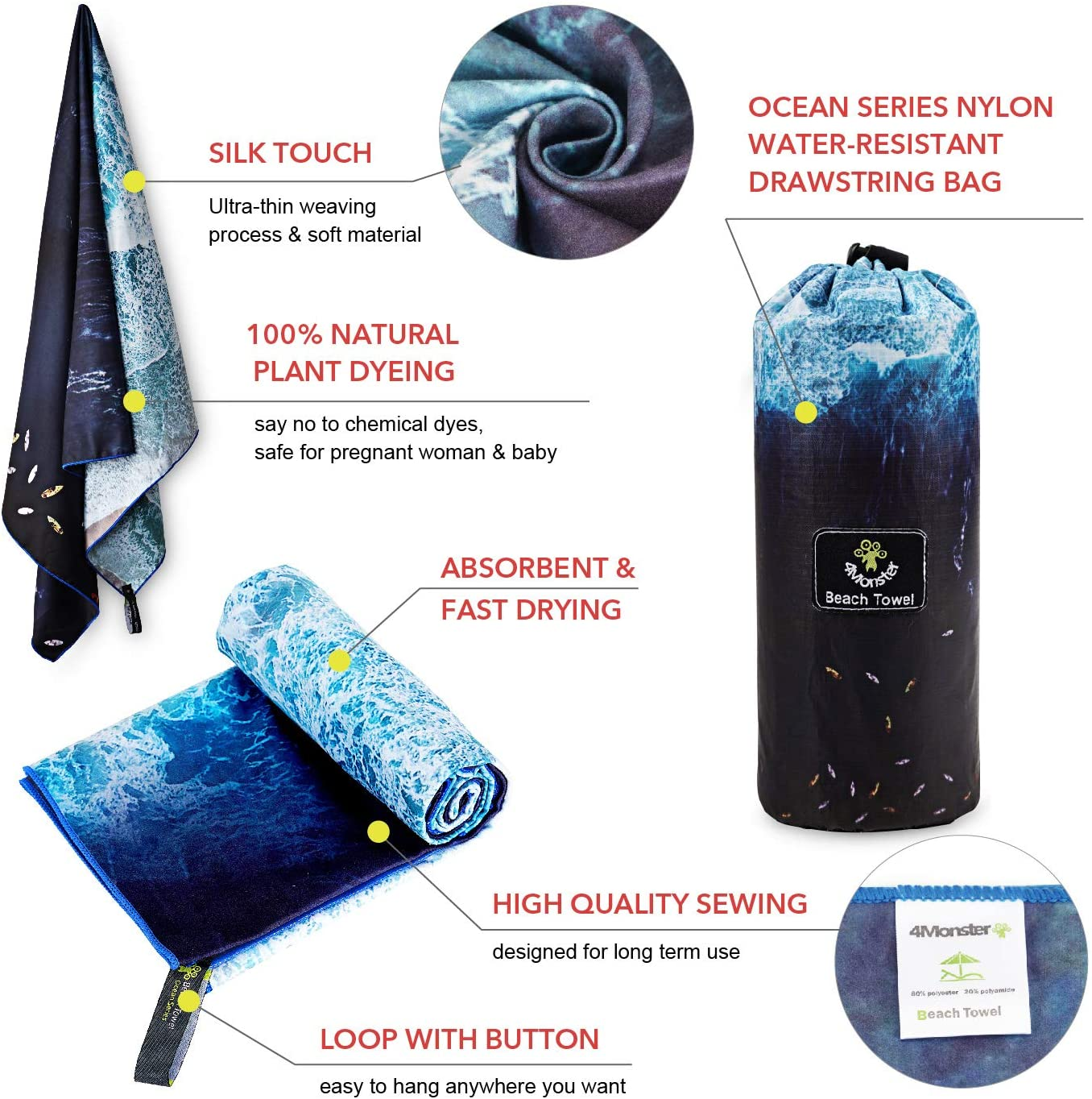 Microfiber Beach Towel Quick Dry,Super Absorbent Lightweight and Fast-dry for Swimmers, Sand Free Beach Towels for Pool