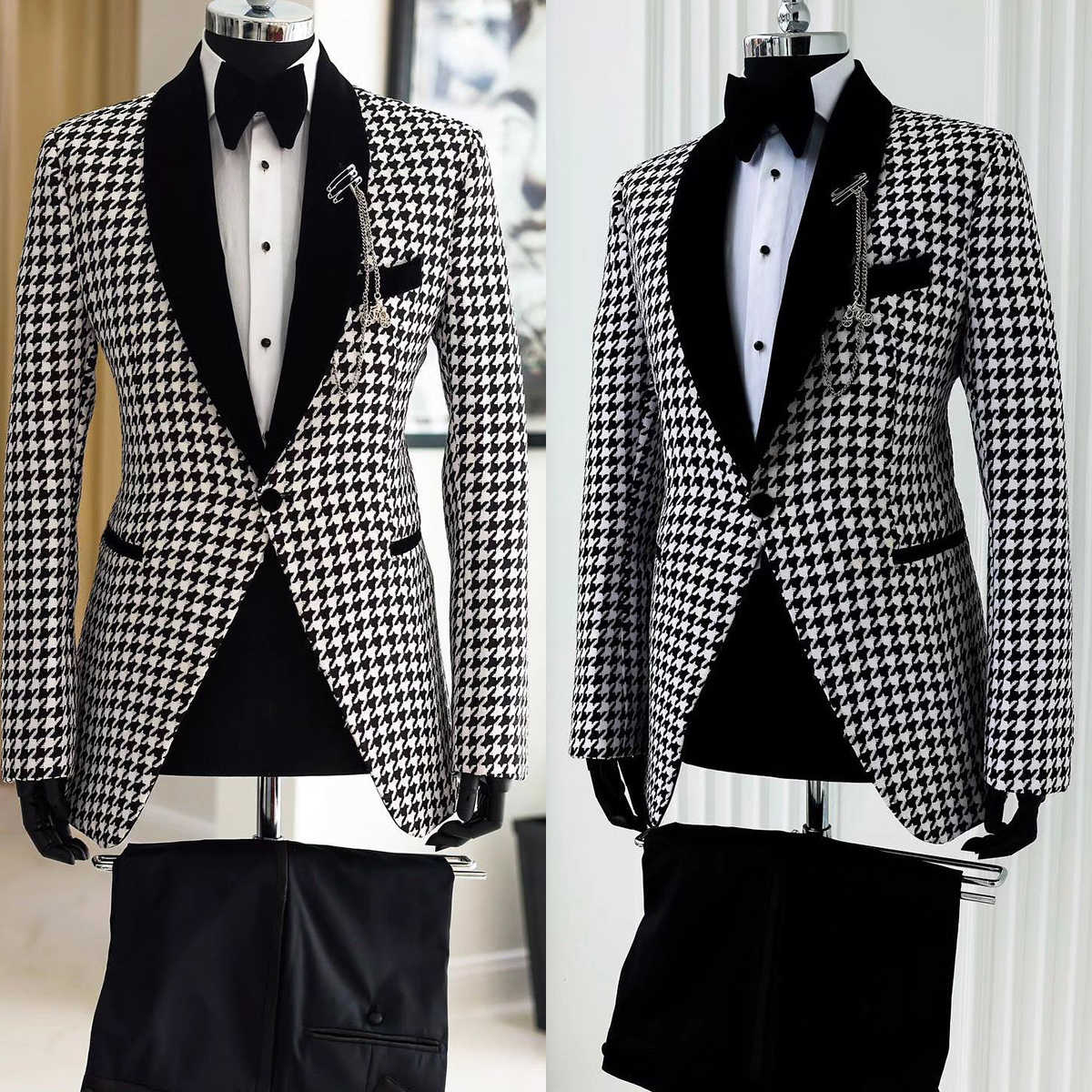 White Plaid Mens Wedding Tuxedos Shawl Lapel Ceremony Groom Wear Party Birthday Black Pants Suits 2 Pieces