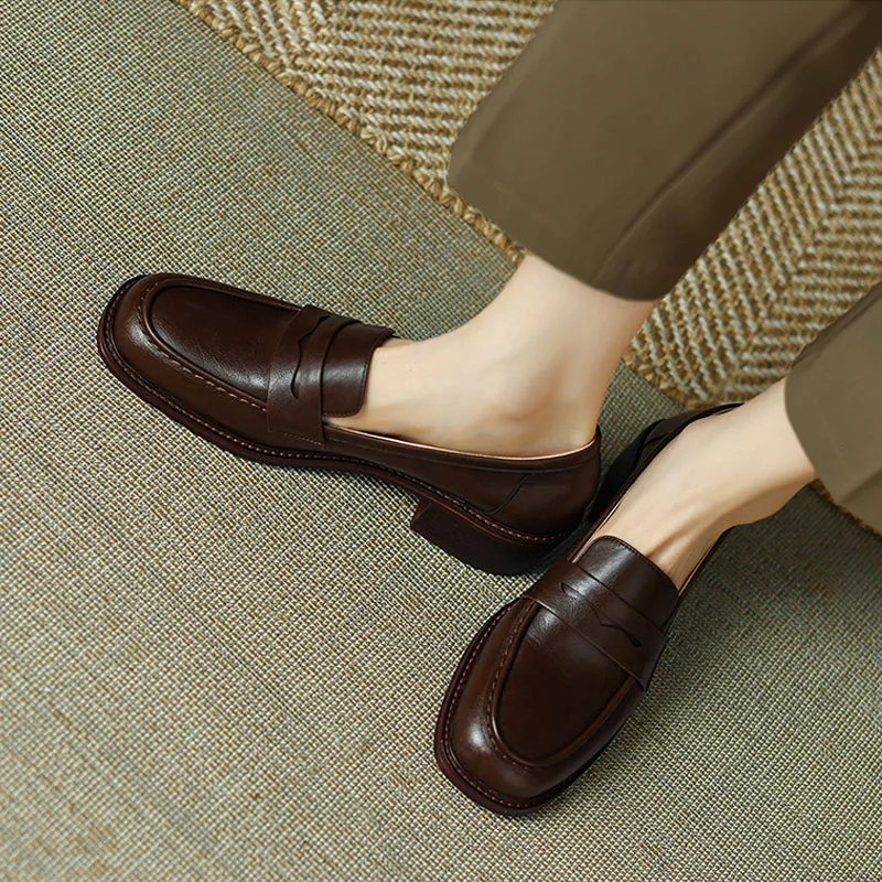 new 2025 3cm Leather Shoes Women Low Heels Pumps Autumn Square Toe Oxford Shoes Retro Heeled Loafers