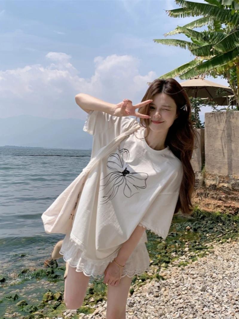 Womens T Shirts Graphic Bow Loose Lace Hem White T-Shirt Women Oversized Top #korean Cloth E-girl Fairycore 2000s Grunge Aesthetic