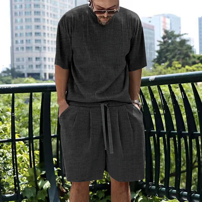Spring Summer Casual Mens Striped Two Piece Set Clothing Short Sleeve O Neck T Shirt Shorts Suit Men Fashion Streetwear 240518