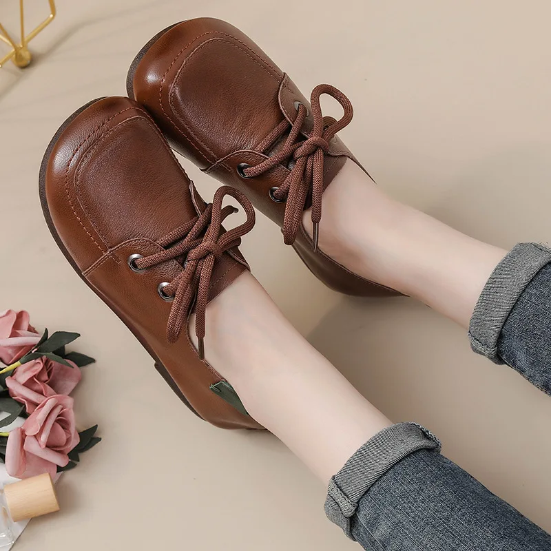 Vintage Plain Oxfords Shoes Women's Genuine 2025 Leather Flats new Ladies Lace Up Moccasins Woman Ballet Shoes Driving Loafers Elderly