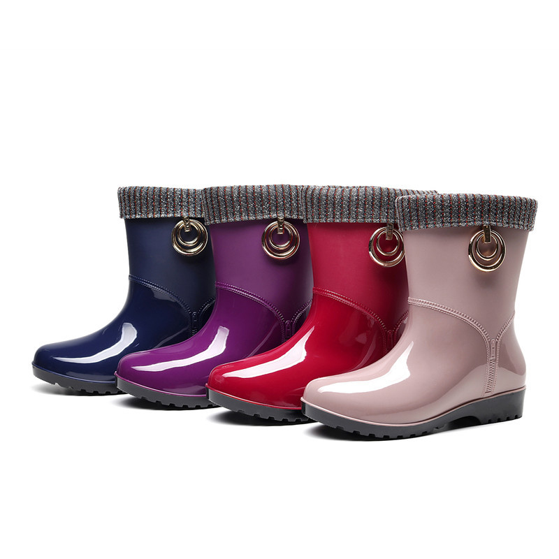 Lady New Women PVC Fur Warm Rain Boots Solid Short Tube Low Heel Female Shoes Adult Waterproof Jelly Rubber Boots Candy Color7jk