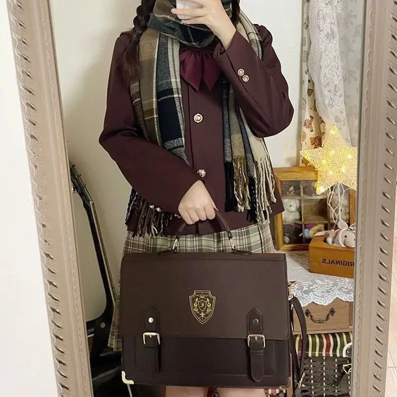Women Temperament Versatile Large Capacity College Style Jk Design Sense Solid Color Double Shoulder Crossbody Emblem Briefcases