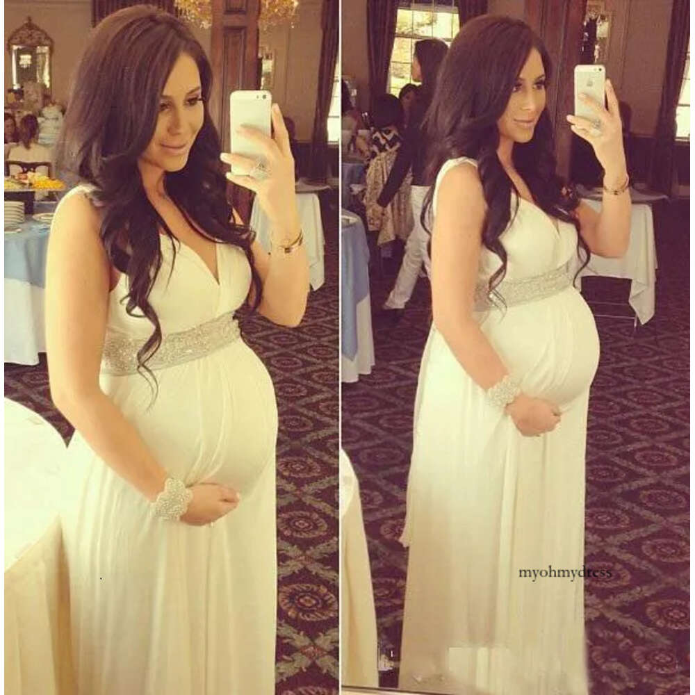Maternity Wedding Dresses Pregnant V Neck Sleeveless Beaded Empire High Waist Chiffon Long Bridal Gowns Custom Size 0521