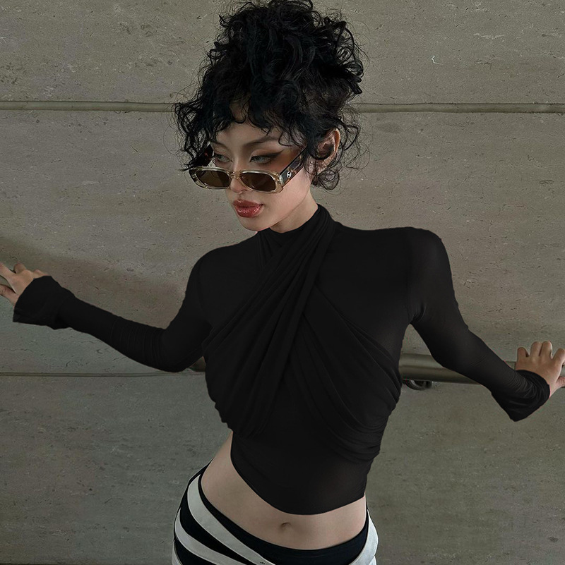 Women's T Shirts Mesh See Through Shirt Women Cross Strap Slim Crop Top Short Sleeve Aesthetic Clothes Purple Solid Streetwear Ropa De Mujer