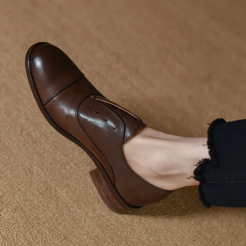 Vintage Round Toe Simple Shoes Ladies Cowhide Soft Leather Flats Low Heel Slip On Quality European OxfordsRetro Shoes For Women