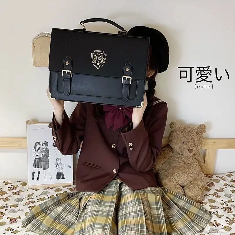 Women Temperament Versatile Large Capacity College Style Jk Design Sense Solid Color Double Shoulder Crossbody Emblem Briefcases