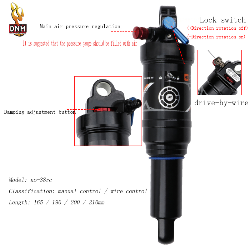 DNM AO-38RC Mountain Bike Rear Shock XC Air Pressure Remote/Manual Control 165/190/200/210mm Lockout Shock Absorber Suspension
