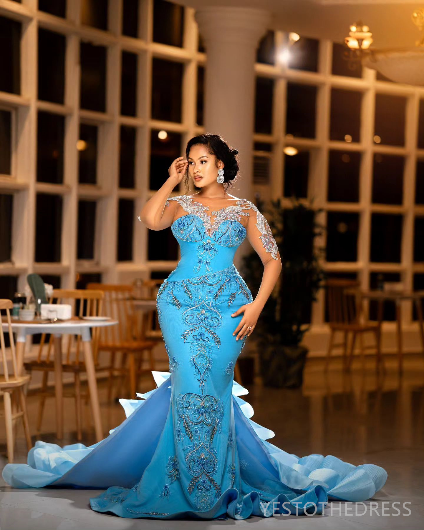 R&W 2024 Plus Size Aso Ebi Prom Dresses for Special Ocns With Detachable Train Illusion Long Sleeves Rhies Beaded Lace Birthday Dress Reception Gowns 