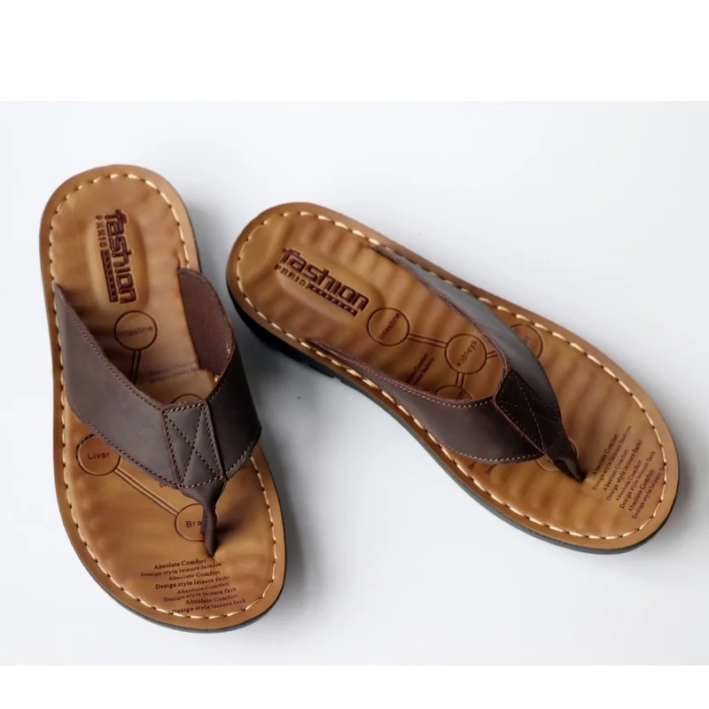 Men's Leather Flip ps Shoes Outdoor Beach Casual Slippers Trend Flat Non-slip Clip Toe Sandalias Large New Size 72a5