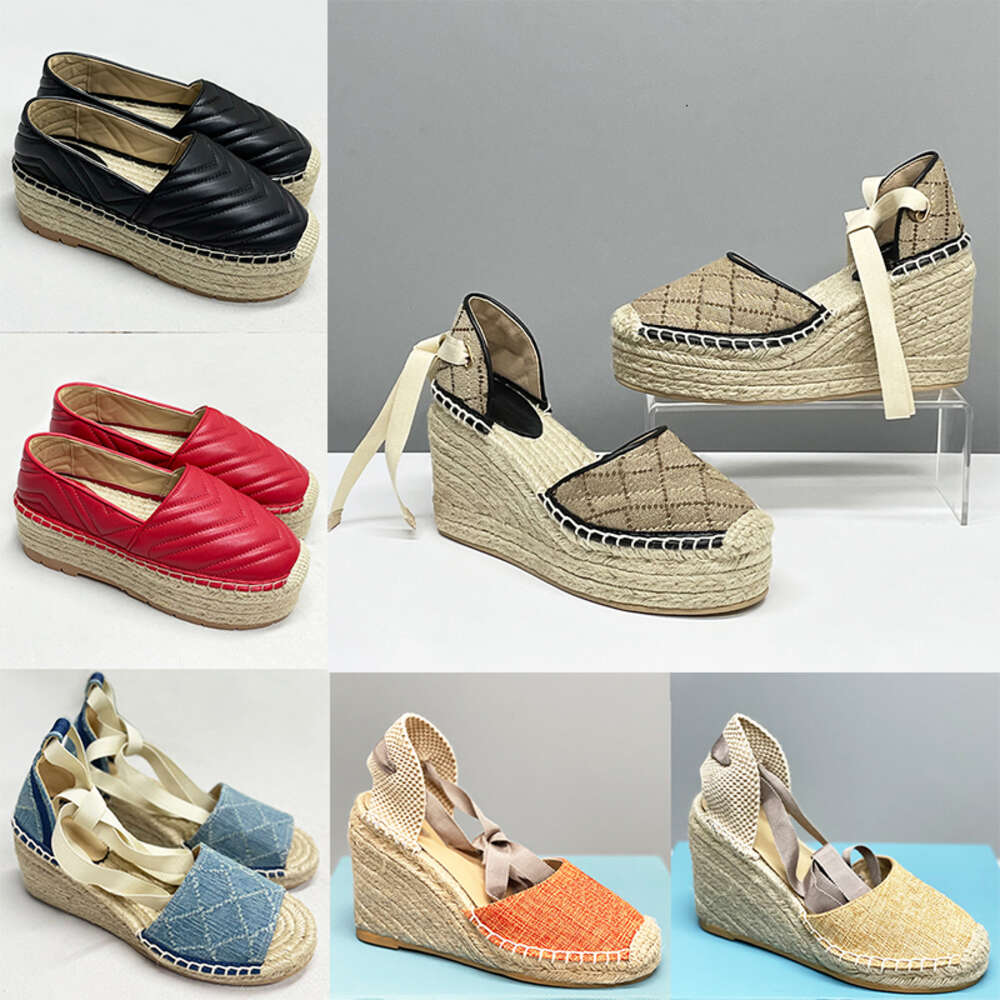Designers Womens Wedge Platform Sandals Espadrille Shoes Real Leathers Ankle Lace-up Matelasse Espadrille Ladies High Heels 037