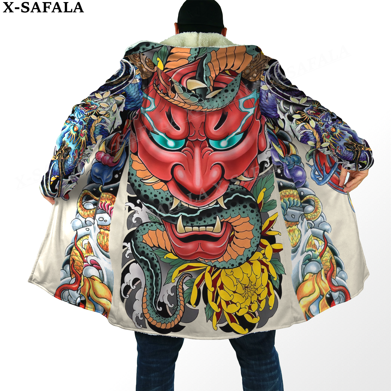 Japan Ninja Warrior Tattoo Samurai Masks Overcoat Coat Printed Thick Warm Hooded Cloak for Men Windproof Fleece Unisex Casual-1