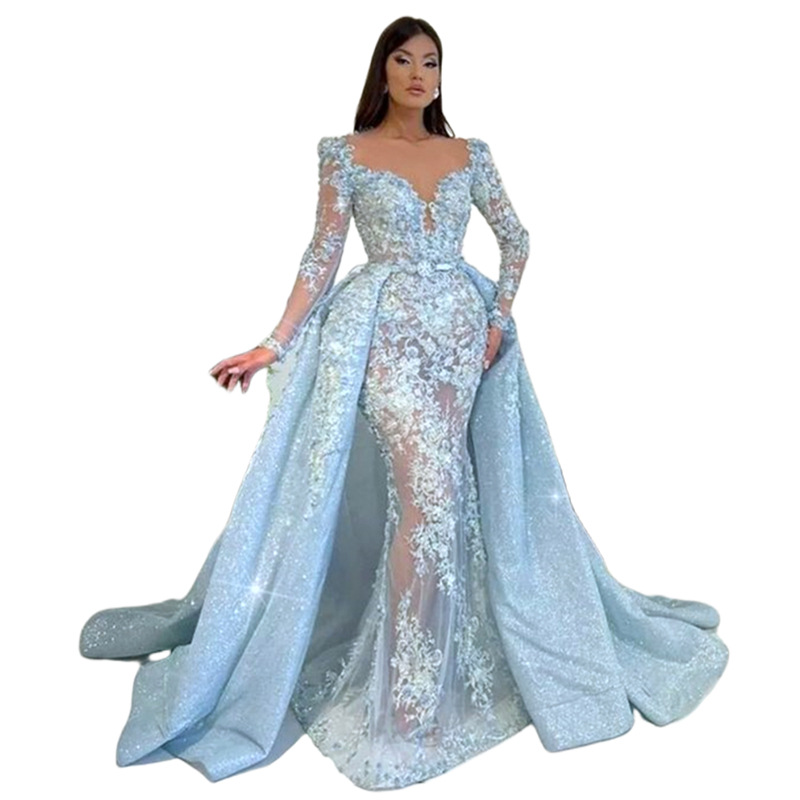 Light Sky Blue Illusion Lace Mermaid Evening Dresses With Detachable Sequins Train Long Sleeves Sexy Prom Dress Sheer Neck Reception Gown For Women