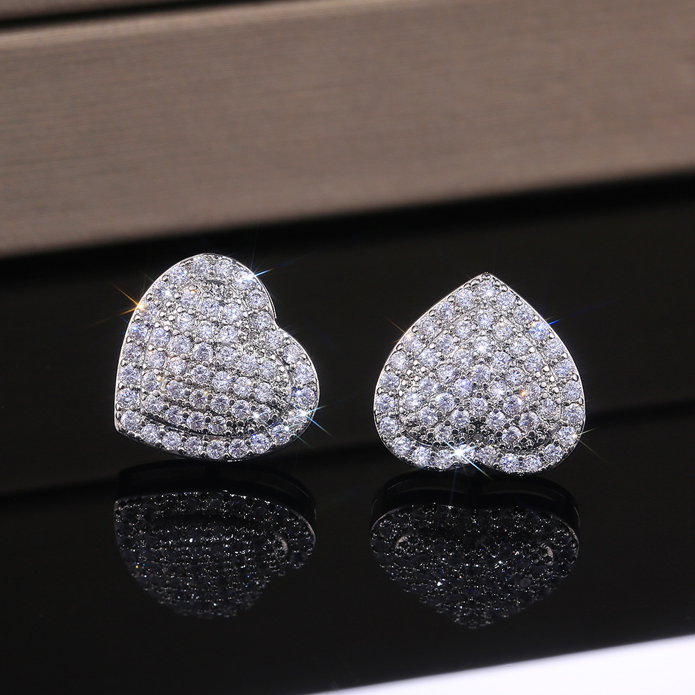 Gold Diamond Love Heart Earrings Sterling Silver Plated Charm Zirconia Stud Earrings for Women Girls Fine Jewelry Engagement Wedding Birthday Gift