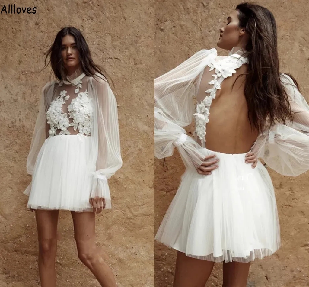Fashion Poet Long Sleeves A Line Wedding Dresses For Brides High Collar Floral Lace Appliqued Bridal Gowns Sexy Open Back Mini Short Tulle Reception D