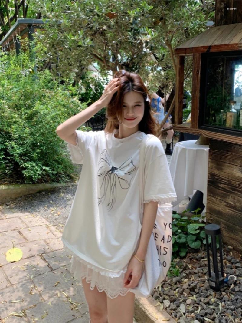 Womens T Shirts Graphic Bow Loose Lace Hem White T-Shirt Women Oversized Top #korean Cloth E-girl Fairycore 2000s Grunge Aesthetic