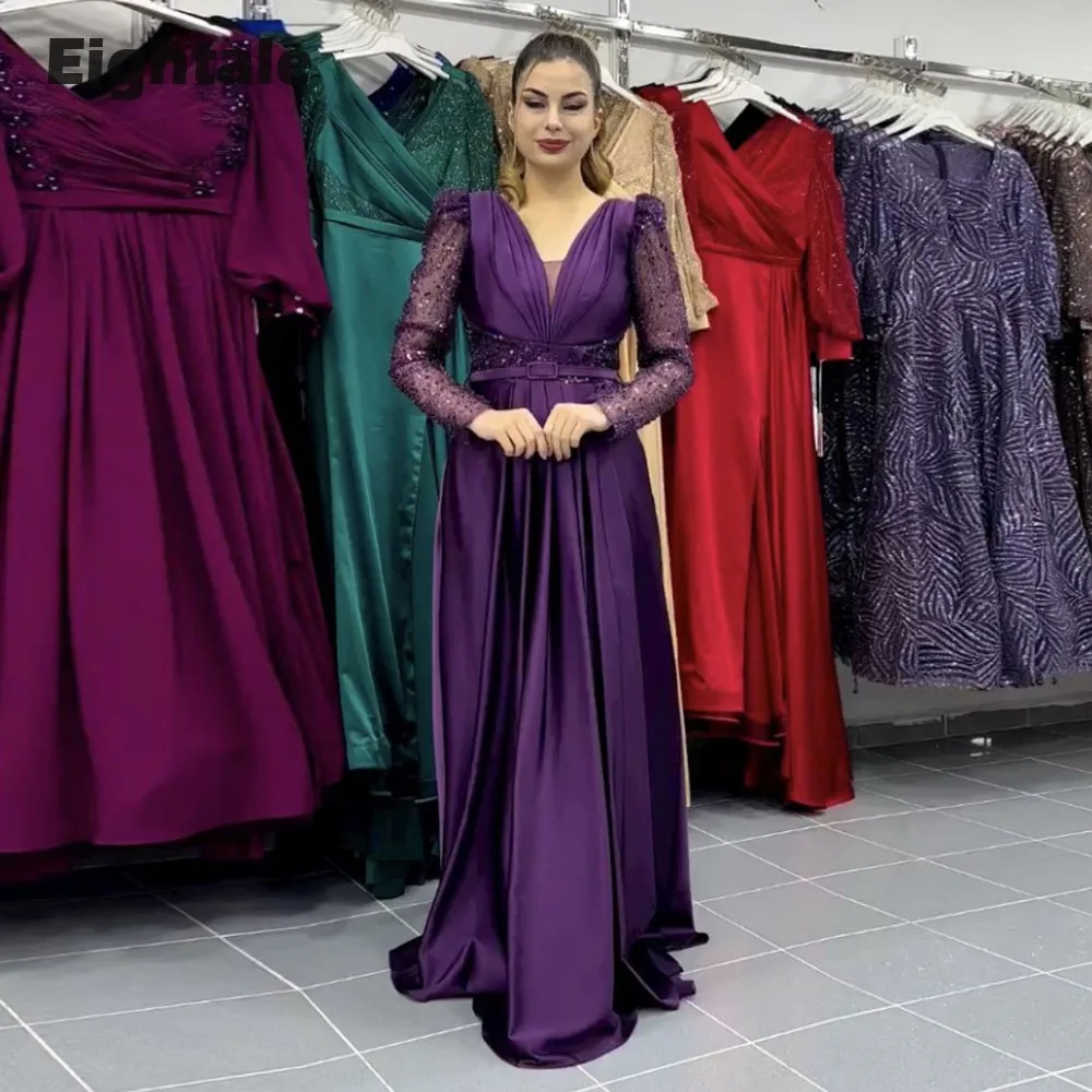 Eightale Purple Evening Dresses V-Neck Satin Long Sleeves Sequin A-Line Arabic Prom Wedding Party Gown Vestido De Fiesta