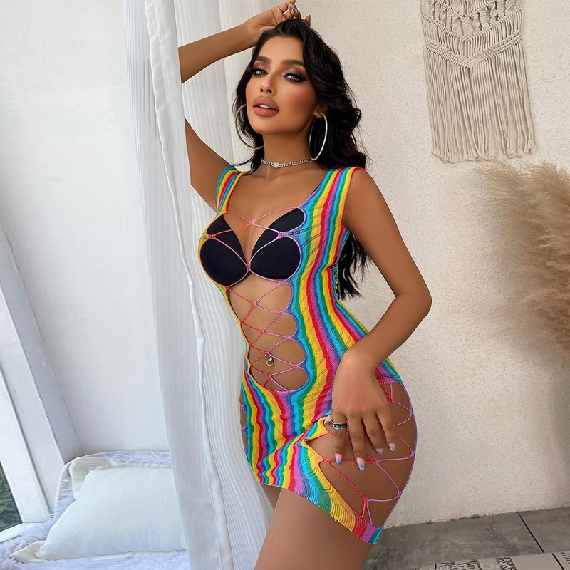 2022 Ins Women's Hot Sexy Color Strip Fishnet Series See Through Hip-Packed Skirt Bodysuits Teddies Swimsuit Hollow Lingerie Set