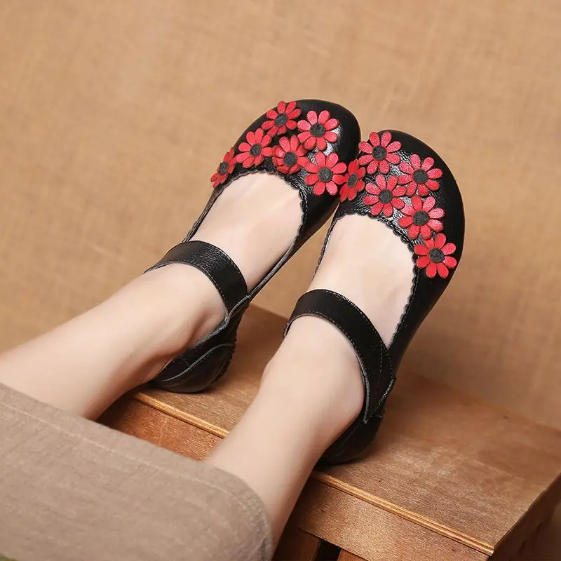 Red Genuine Leather Flats Women's Mary Jane Sandal Shoes new With Straps 2025 Ladies Hook Loop Vintage Shoes Women's Moccasins