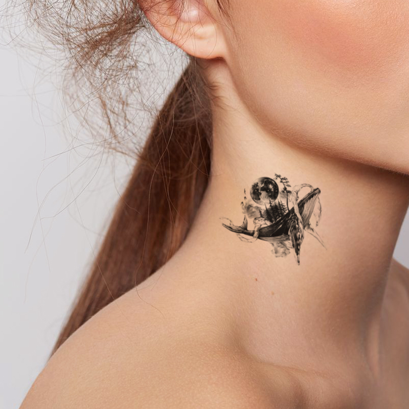Whale Wave Waterproof Temporary Tattoo Sticker Black Earth Forest Fake Tattoos Flash Tatoos Chest Neck Body Art for Women Men