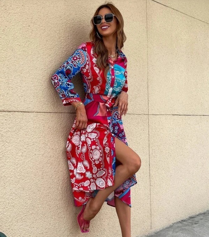 Two Piece Dress Summer Two Piece Casual Womens Long Sleeve Loose Vintage Flower Top Two Piece Mid length Waistpack Hip Skirt Elegant Set 230410