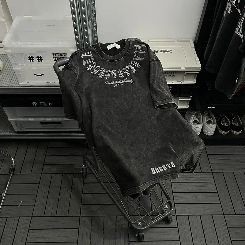 Y2k Top Vintage Letter T-shirt Vintage Wash Short Sleeve Mens Hip Hop Loose Half Sleeve Street Clothing 240430