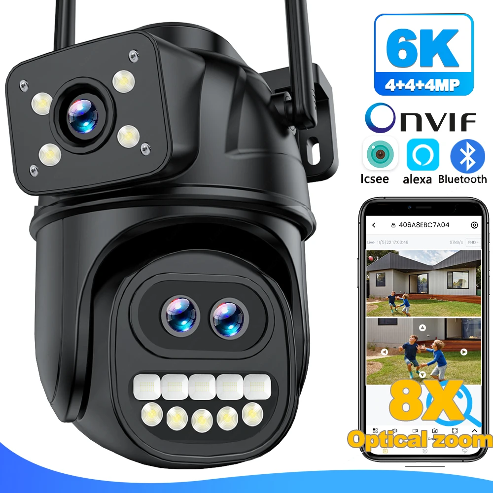 12MP 6K WiFi IP Camera Outdoor 8X Zoom Three Lens Dual Screen Home Security Camera Auto Tracking Mini CCTV WiFi Surveillance