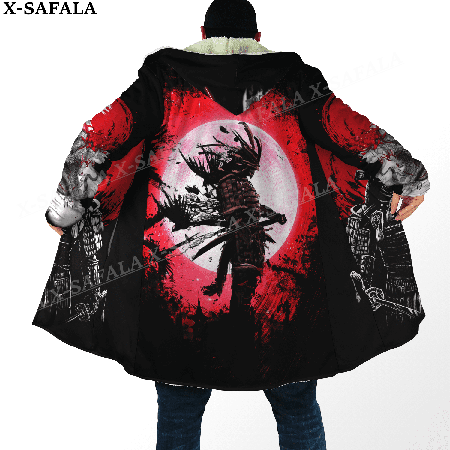 Japan Ninja Warrior Tattoo Samurai Masks Overcoat Coat Printed Thick Warm Hooded Cloak for Men Windproof Fleece Unisex Casual-1